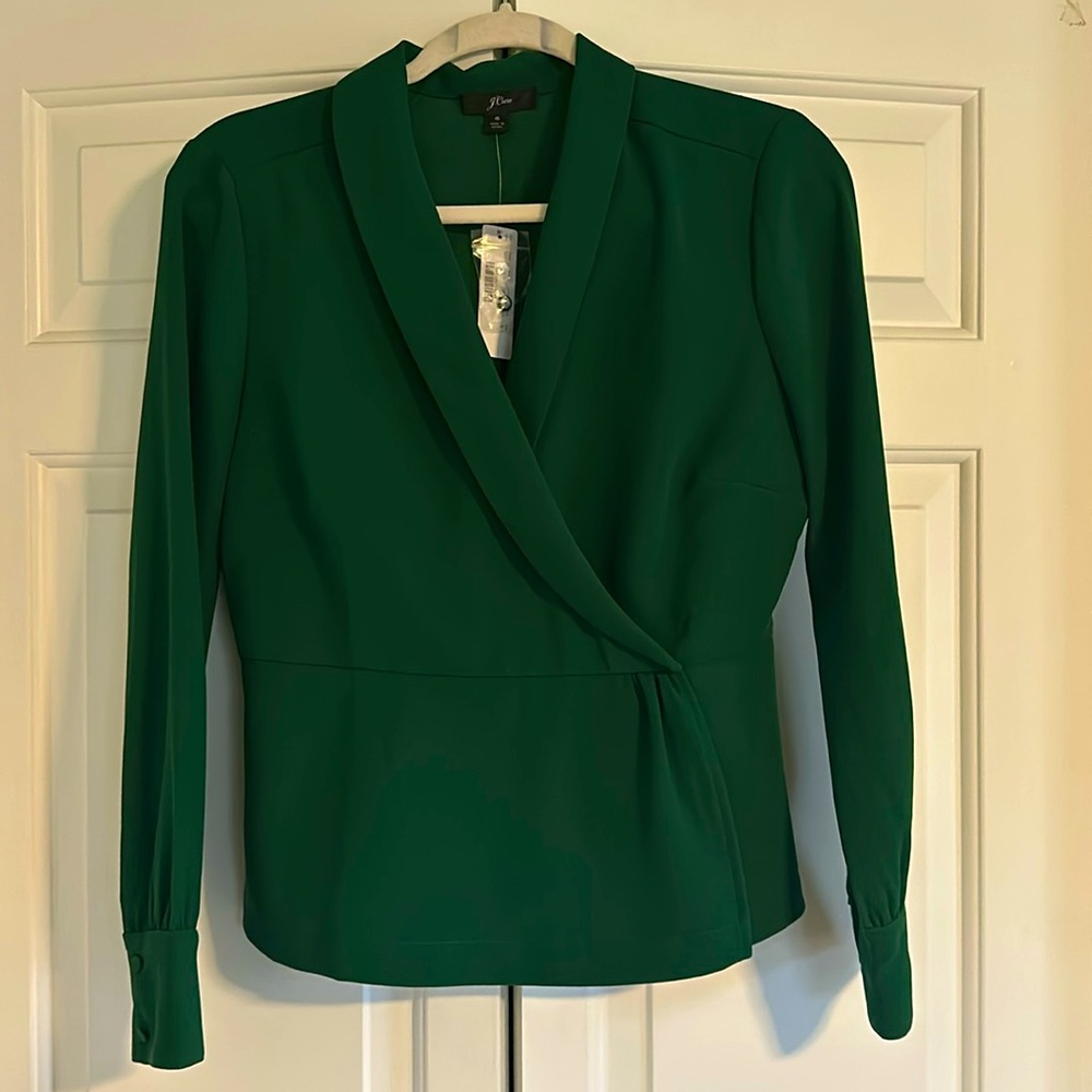 J. CREW Green Women’s Drapey Faux Wrap Top 365 Crepe